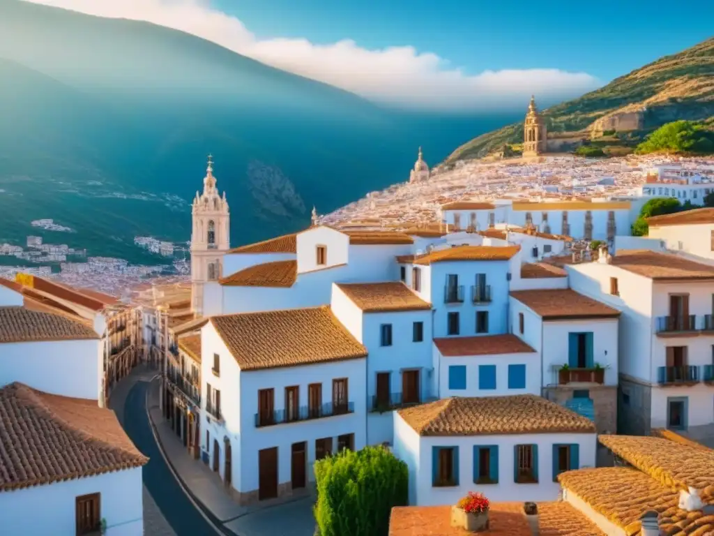 Vibrante ciudad española: arquitectura y cultura en un solo vistazo Vista aérea detallada de ciudad española bulliciosa con edificios coloridos, calles empedradas y montañas al fondo