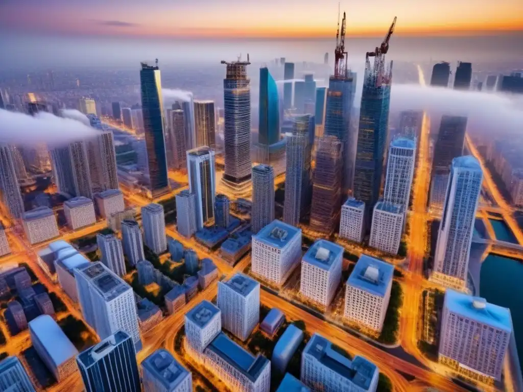 Vibrante ciudad: arquitectura histórica y moderna en renovación Vista aérea detallada de una ciudad bulliciosa con estilos arquitectónicos diversos, mostrando edificios históricos y rascacielos modernos