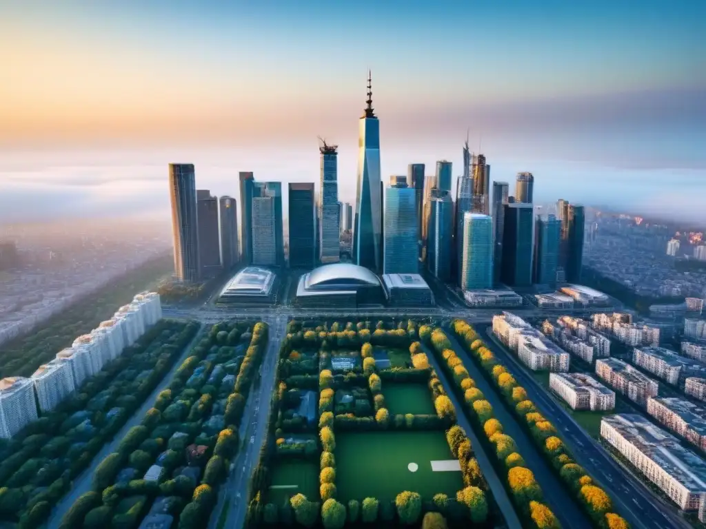Vista aérea de ciudad vibrante con arquitectura moderna y diversa Vista aérea detallada de una ciudad vibrante con variados estilos arquitectónicos, reflejando la inversión inmobiliaria y el análisis demográfico