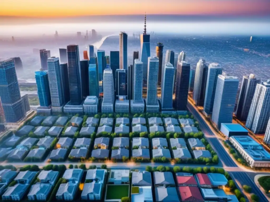 Ciudad moderna: auge inmobiliario y diversidad urbana Vista aérea detallada de una ciudad bulliciosa con rascacielos y barrios vibrantes