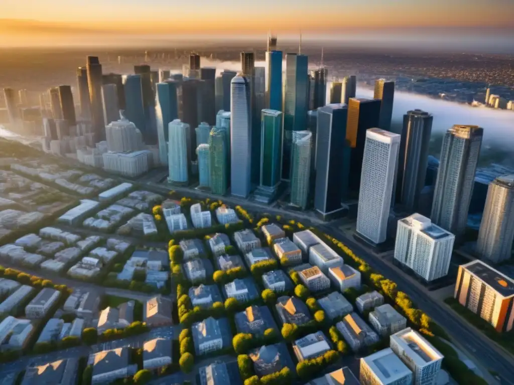 Skyline urbano: arquitectura y vida en la ciudad Vista aérea detallada de una ciudad bulliciosa con rascacielos y edificios altos, reflejando la diversidad del mercado inmobiliario