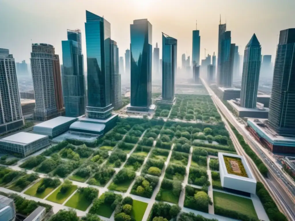 Vibrante panorama urbano: inversión inmobiliaria en desarrollo Vista aérea detallada de una ciudad bulliciosa con rascacielos y obras, simbolizando los riesgos en inversión inmobiliaria