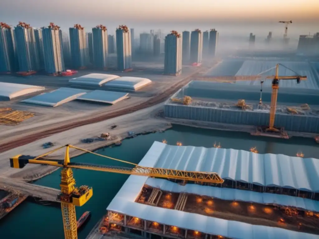 Desarrollo urbano: construcción de rascacielos en progreso Vista aérea detallada de una ciudad en construcción, resaltando la Importancia de evaluación riesgos proyectos inmobiliarios