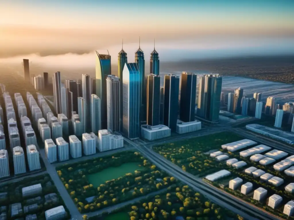 Vista aérea de ciudad dinámica: mercado inmobiliario en crecimiento Vista aérea detallada de una ciudad dinámica con rascacielos y edificios residenciales, simbolizando el crecimiento y las inversiones inmobiliarias