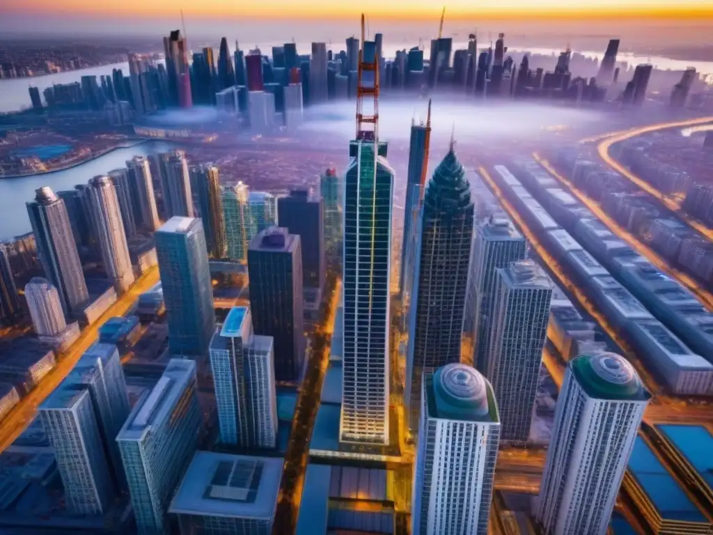 Horizonte urbano: innovación arquitectónica al atardecer Vista aérea detallada de una ciudad moderna en pleno desarrollo, simbolizando financiamiento alternativo para desarrolladores inmobiliarios