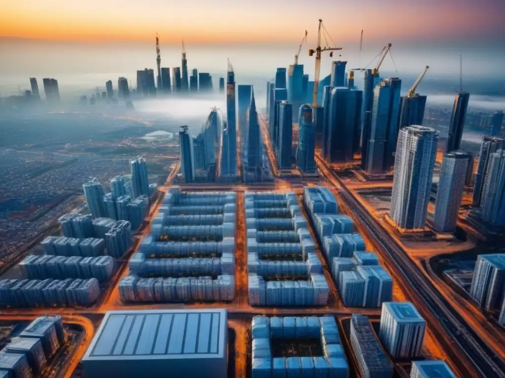 Vista aérea detallada de ciudad en crecimiento Vista aérea detallada de una ciudad con rascacielos y obras, simbolizando el crecimiento y el financiamiento alternativo para desarrolladores inmobiliarios