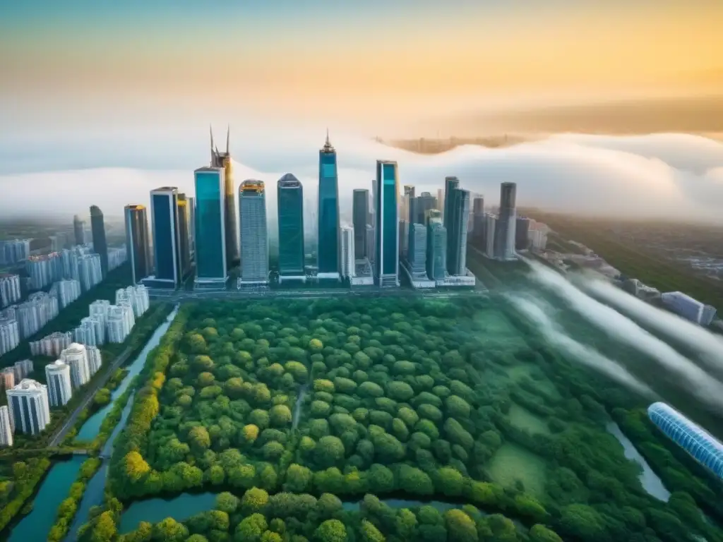 Armonía urbana y natural: ciudad moderna y áreas verdes Vista aérea detallada de una ciudad moderna con rascacielos y áreas verdes, mostrando armonía entre desarrollo urbano y conservación