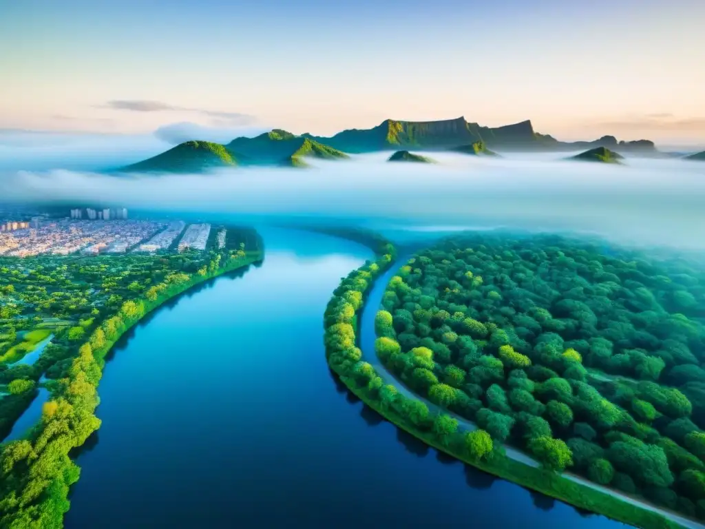 Cityscape eco-sostenible: parques verdes y agua vibrante Vista aérea detallada de una ciudad con parques verdes y cuerpos de agua, mostrando planificación urbana sostenible