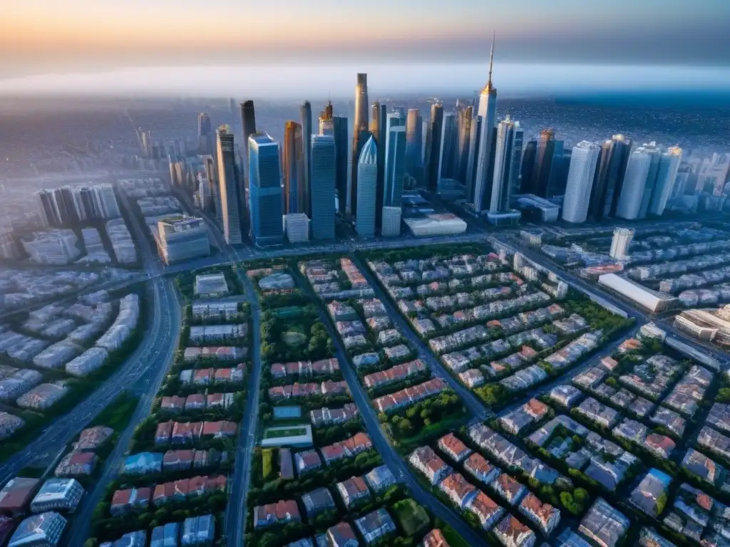 Increíble panorámica urbana: real estate en la ciudad Vista aérea detallada de una ciudad bulliciosa, mostrando diversidad de edificios