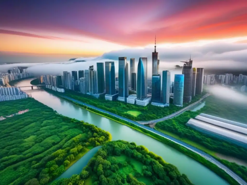 Vibrante ciudad: arquitectura moderna y naturaleza en armonía Vista aérea detallada de ciudad con rascacielos modernos, parques verdes y río, fusionando naturaleza y arquitectura en mercado inmobiliario vibrante
