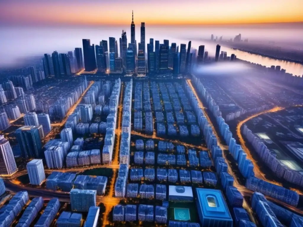 Metrópolis vibrante: panorama inmobiliario diverso y moderno Vista aérea detallada de una ciudad bulliciosa con rascacielos, resaltando diversidad inmobiliaria