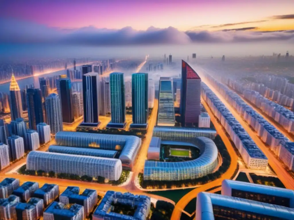 Vista aérea de ciudad vibrante con rascacielos modernos Vista aérea detallada de ciudad dinámica con rascacielos modernos, reflejando mercado inmobiliario vibrante y estrategias de salida