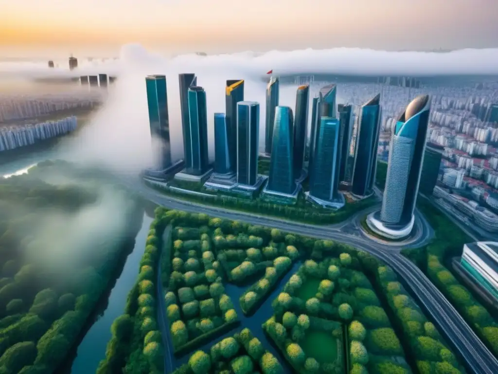 Metrópolis sostenible: ciudad futurista entre naturaleza exuberante Vista aérea detallada de una ciudad moderna entre vegetación, reflejando la armonía entre desarrollo urbano y naturaleza