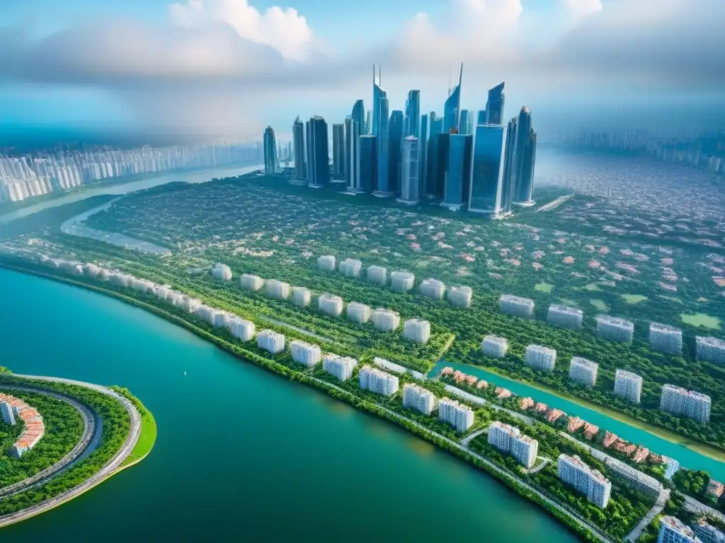 Metrópolis moderna: skyline vibrante y naturaleza en armonía Vista aérea detallada de ciudad vibrante con rascacielos, autopistas y edificios modernos