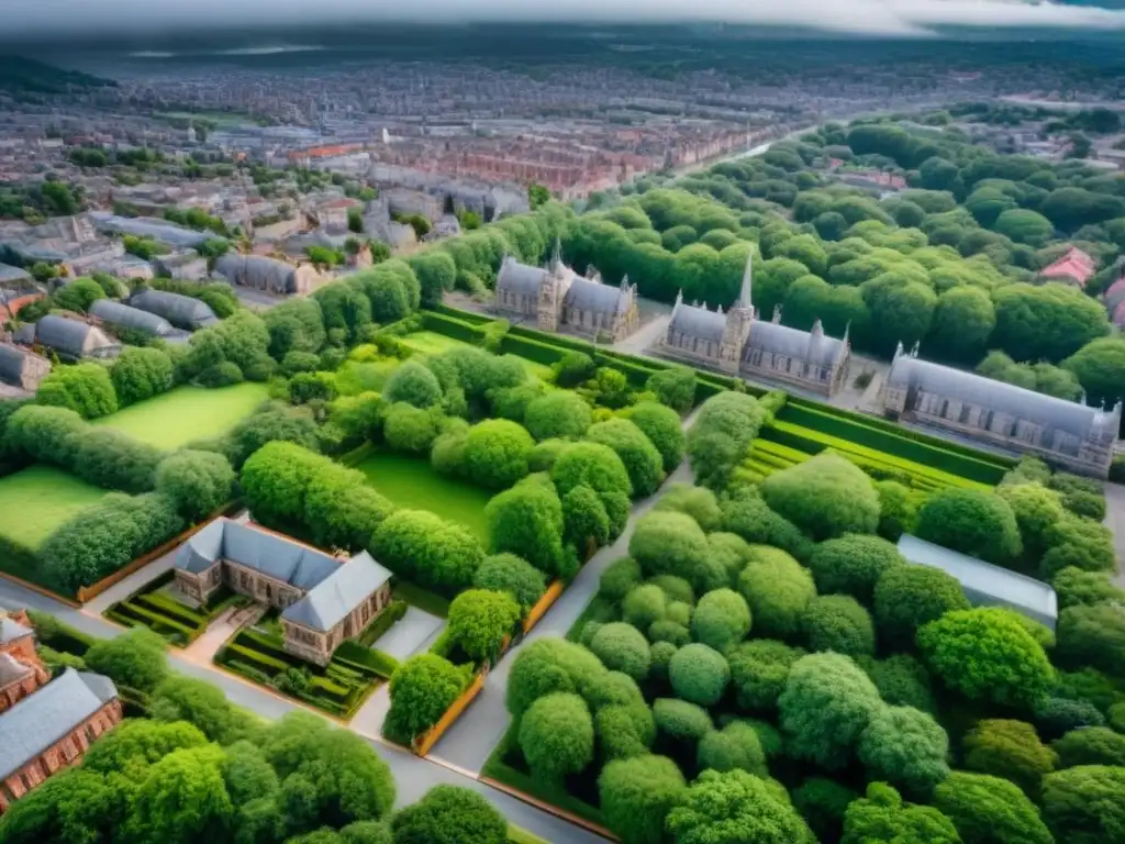 Planificación urbana: Detalles de zonificación en ciudad histórica Vista aérea detallada de una ciudad histórica con zonificación marcada en colores, mostrando equilibrio entre preservación y desarrollo