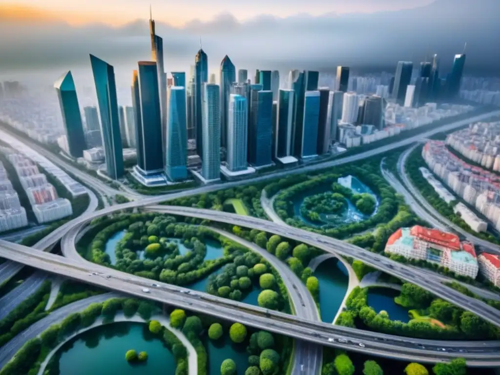 Metrópolis en crecimiento: Gestión de riesgos inmobiliarios Vista aérea detallada de una ciudad bulliciosa, simbolizando la Gestión de riesgos en bienes raíces