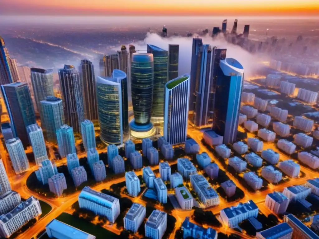 Vista aérea detallada de ciudad dinámica y moderna Vista aérea detallada de una ciudad vibrante con rascacielos, espacios verdes y vida urbana, ideal para la inversión inmobiliaria estrategia salida