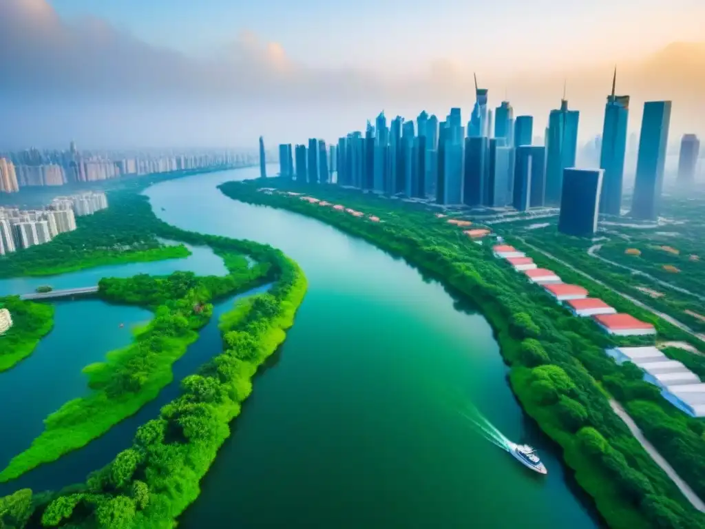 Skyline urbano: metrópolis vibrante con rascacielos y parques Vista aérea detallada de ciudad con rascacielos, parques verdes y agua