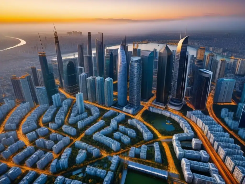 Metrópolis dorada: diversidad de rascacielos en una ciudad vibrante Vista aérea detallada de una ciudad moderna con rascacielos, resalta diversidad de inversiones inmobiliarias