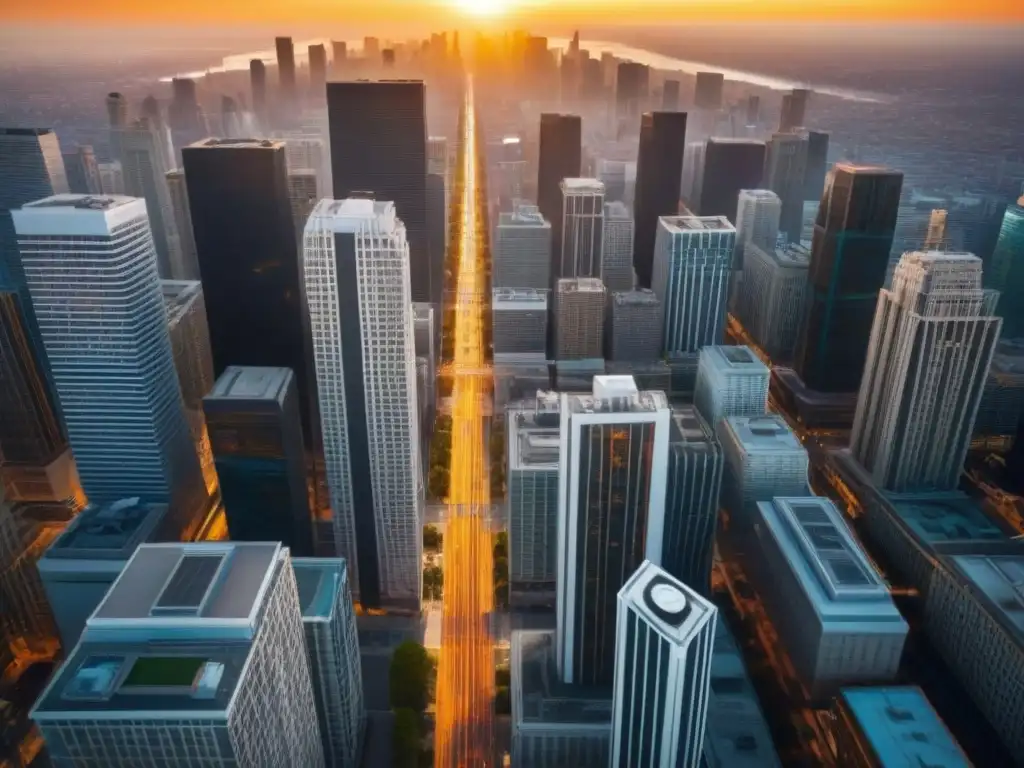 Cityscape contemporáneo: energía urbana al atardecer Vista aérea detallada de una ciudad bulliciosa con rascacielos modernos y edificios comerciales