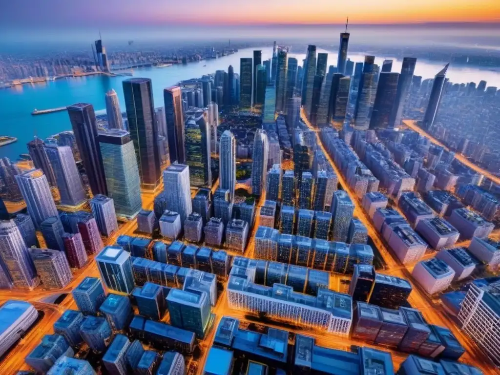 Vista aérea detallada de ciudad moderna y financiera Vista aérea detallada de una ciudad bulliciosa con rascacielos modernos y calles llenas de autos, simbolizando REITs de capital vs hipoteca