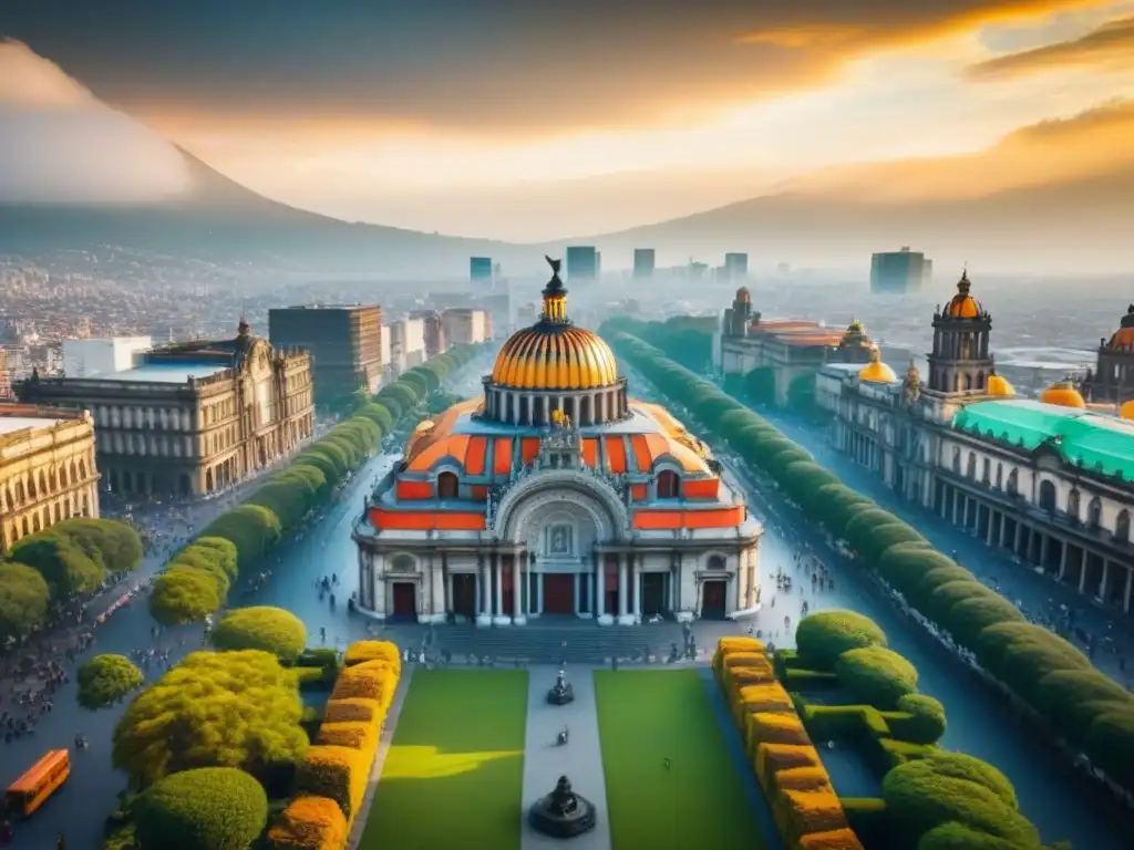 Skyline de México: diversidad y oportunidad en el mercado inmobiliario Vista aérea detallada de la Ciudad de México con paisaje urbano y parques verdes, simbolizando diversidad y oportunidad