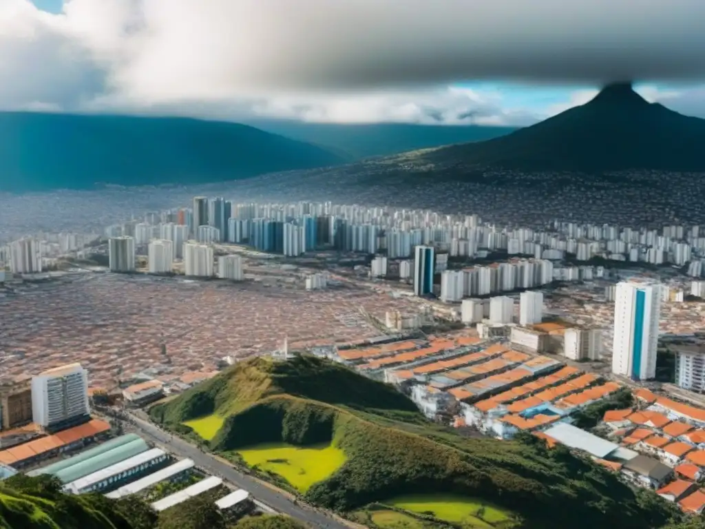 Panorámica urbana de Ecuador: mezcla de modernidad y tradición Vista aérea detallada de una ciudad en Ecuador, con modernos rascacielos y barrios tradicionales