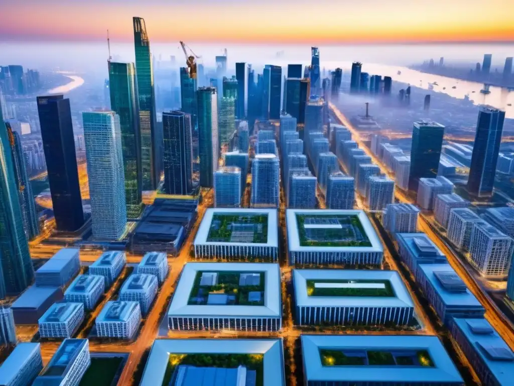 Skyline urbano: inversión vibrante en bienes raíces Vista aérea detallada de una ciudad vibrante, reflejo del mercado inmobiliario