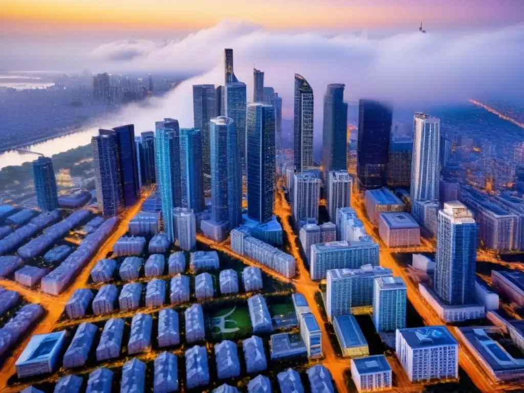 Metrópolis moderna: renta de propiedades en ciudad vibrante Vista aérea detallada de una ciudad bulliciosa con rascacielos modernos y propiedades de alquiler, ideal para estrategias de inversión