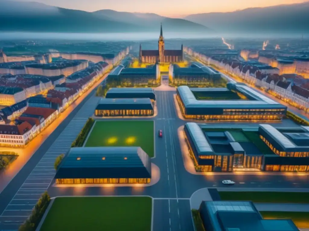 Arquitectura alemana: evolución urbana entre lo tradicional y contemporáneo Vista aérea detallada de una ciudad alemana, fusionando arquitectura Bauhaus con edificios contemporáneos