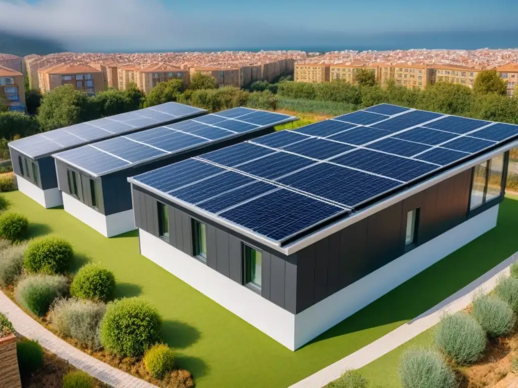 Complejo residencial sostenible: diseño moderno y ecoamigable en España Vista aérea detallada de un complejo residencial sostenible en España con paneles solares, espacios verdes y diseño energéticamente eficiente