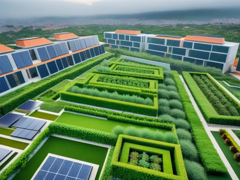 Complejo residencial sustentable en CDMX Vista aérea detallada de complejo residencial en CDMX con tecnologías sostenibles