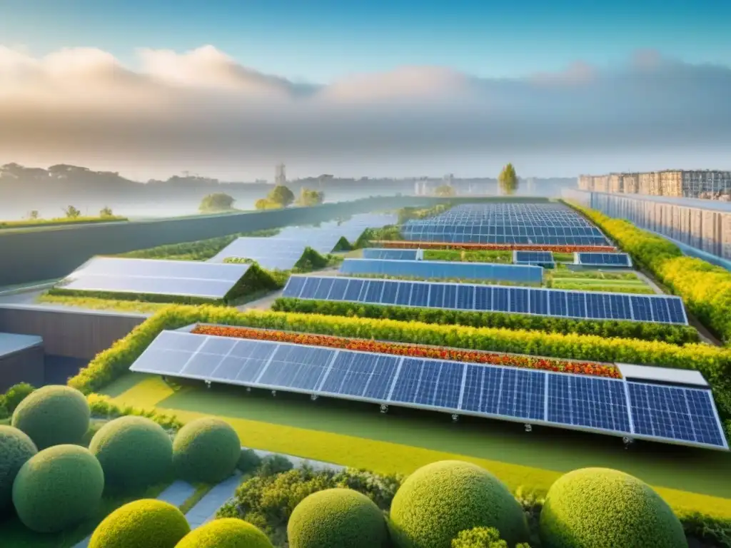 Comunidad sostenible: armonía entre naturaleza y modernidad Vista aérea detallada de una comunidad sustentable con techos verdes, paneles solares y jardines comunitarios