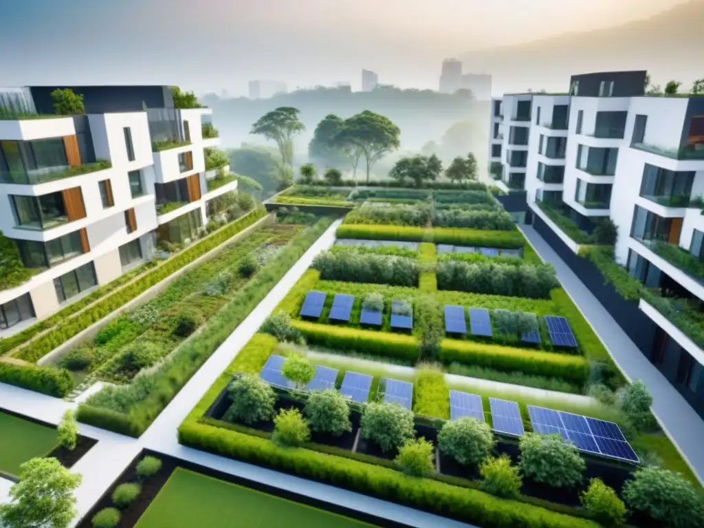 Desarrollo inmobiliario sostenible: armonía entre naturaleza y ciudad Una vista aérea detallada de desarrollo inmobiliario sostenible, con jardines en azoteas, paneles solares y espacios verdes integrados