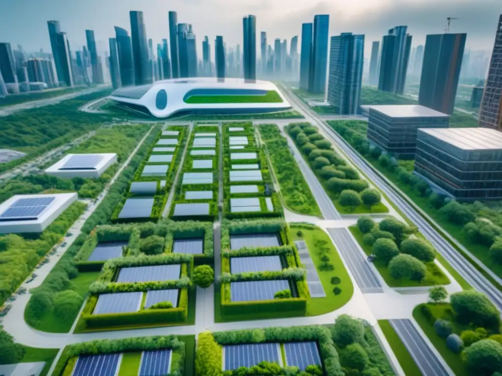 Metrópolis sostenible: Futuro verde en 8k Vista aérea detallada de un desarrollo urbano sostenible con energía renovable y movilidad eco, fusionando modernidad y naturaleza