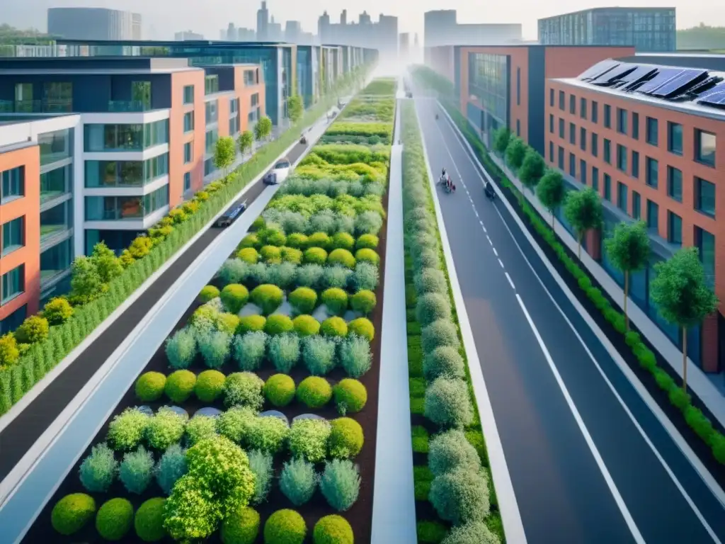 Desarrollo urbano sostenible: armonía natural y modernidad Vista aérea detallada de desarrollo urbano sostenible con techos verdes, paneles solares y ciclistas