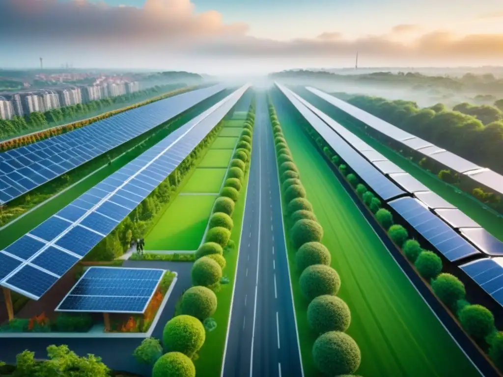 Desarrollo urbano sostenible: Futuro verde y comunidad ecoamigable Vista aérea detallada de desarrollo urbano sostenible con edificios verdes futuristas, paneles solares y jardines en azoteas