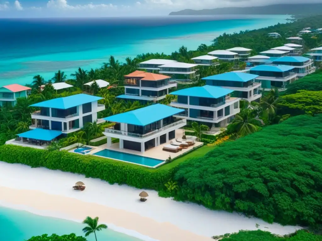 Desarrollo inmobiliario de lujo en Jamaica: un paraíso caribeño Vista aérea detallada de desarrollo inmobiliario en Jamaica con diversidad arquitectónica y belleza natural, ideal para normativas inmobiliarias en Jamaica