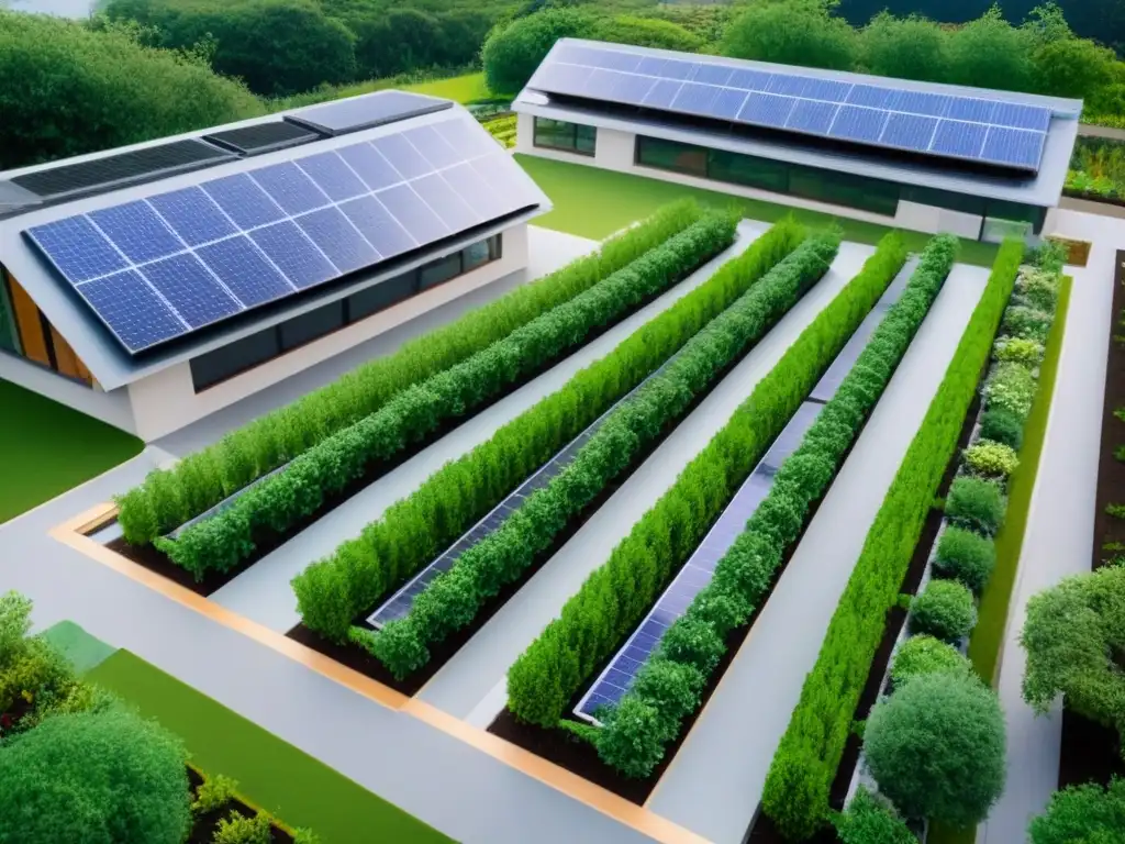 Sostenibilidad urbana: desarrollo inmobiliario ecoamigable Vista aérea detallada de desarrollo inmobiliario sostenible con paneles solares, espacios verdes y gestión de residuos eficiente