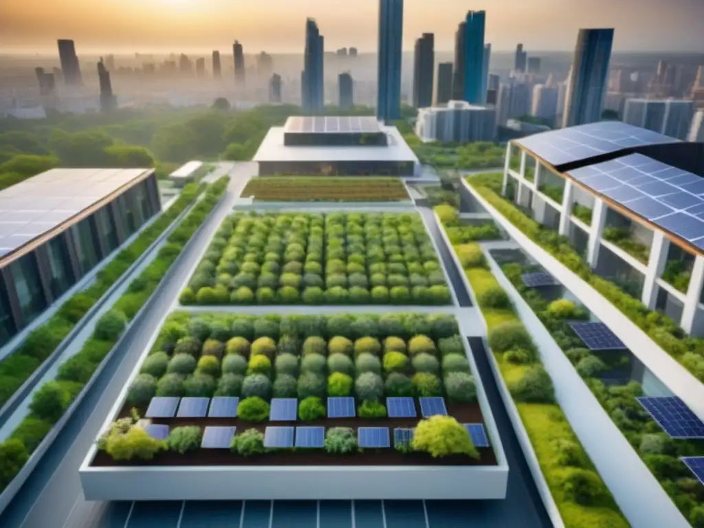 Desarrollo urbano sostenible: armonía entre naturaleza y ciudad Vista aérea detallada de desarrollo urbano sostenible con techos verdes, paneles solares, parques y comunidad comprometida con prácticas ecológicas