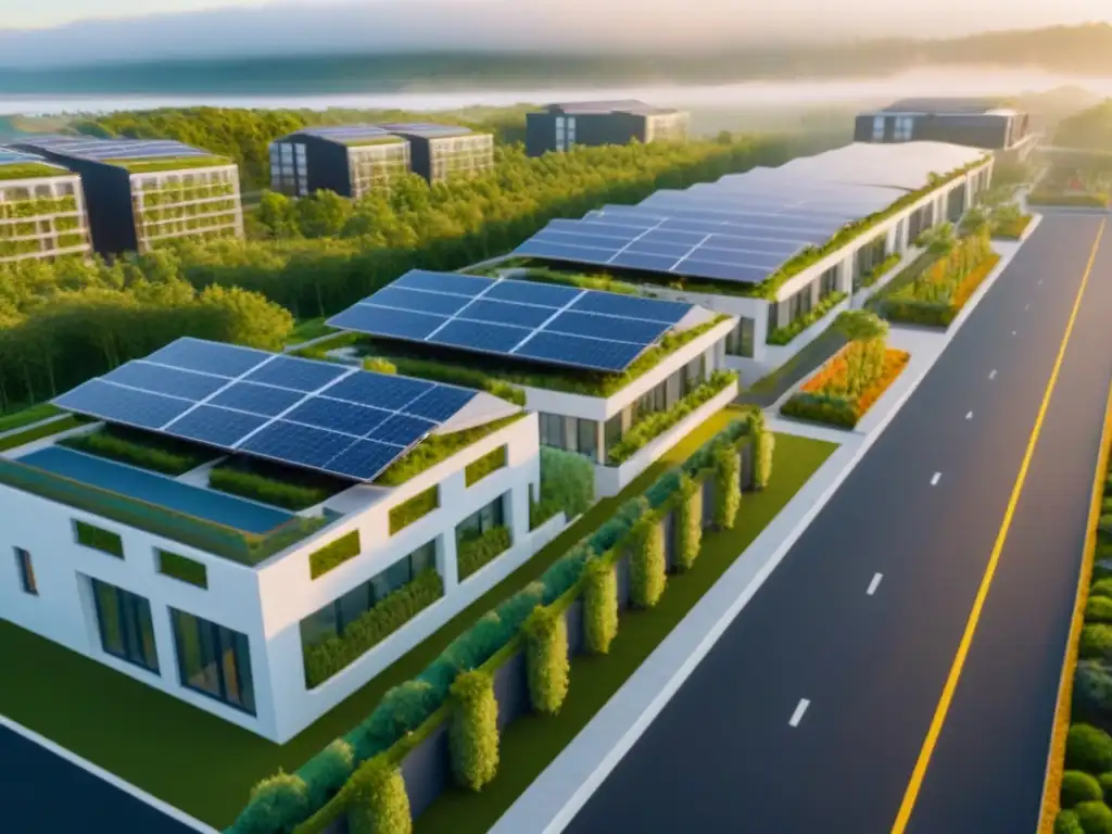 Desarrollo inmobiliario sostenible: vista aérea detallada Vista aérea detallada de desarrollos inmobiliarios sostenibles ambientalmente con techos verdes, paneles solares y naturaleza integrada