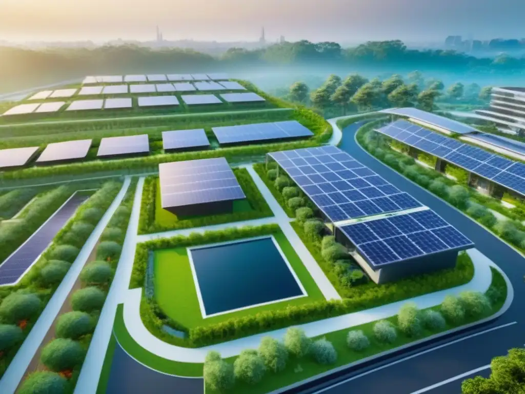 Desarrollo inmobiliario sostenible: arquitectura verde y futurista Vista aérea detallada de Desarrollos inmobiliarios sostenibles ambientalmente con paneles solares, turbinas eólicas y jardines en azoteas