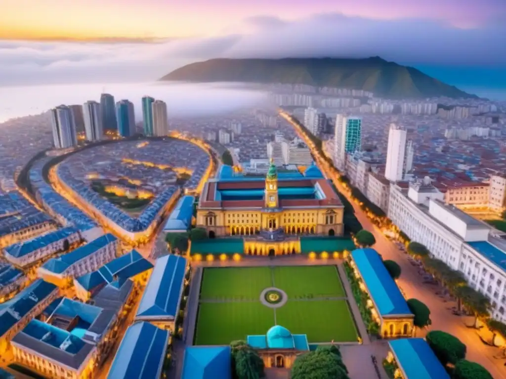 Skyline vibrante de Lima: historia y modernidad Vista aérea detallada de Lima, Perú con su dinámico skyline, calles bulliciosas, parques verdes y rascacielos