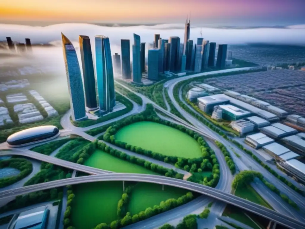 Distrito comercial vibrante: modernidad, energía y dinamismo urbano Vista aérea detallada de distrito comercial vibrante con edificios modernos, calles transitadas y áreas verdes