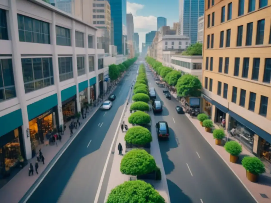 Vibrante distrito comercial: modernidad y tradición en armonía Vista aérea detallada de un distrito comercial bullicioso con edificios modernos y estructuras históricas, rodeado de vegetación