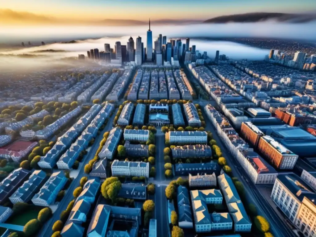 Vista aérea detallada de distrito histórico con edificios centenarios Vista aérea detallada de distrito histórico con preservación arquitectónica