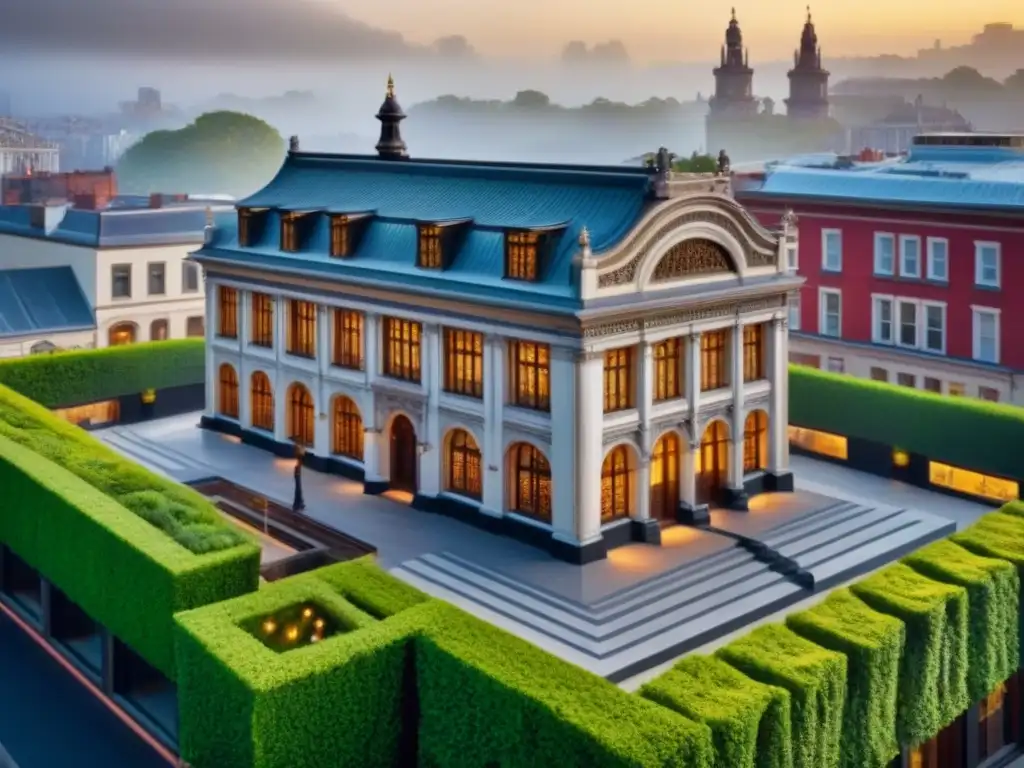 Arquitectura histórica restaurada con diseño moderno en armonía Vista aérea detallada de un edificio histórico restaurado con éxito, fusionando tradición y modernidad en espacios históricos