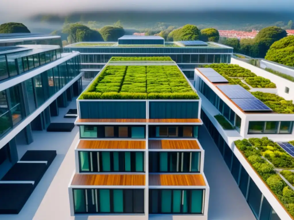 Complejo sustentable: diseño moderno que maximiza la luz natural Vista aérea detallada de edificio sustentable, maximizando luz natural con paneles solares y techos verdes