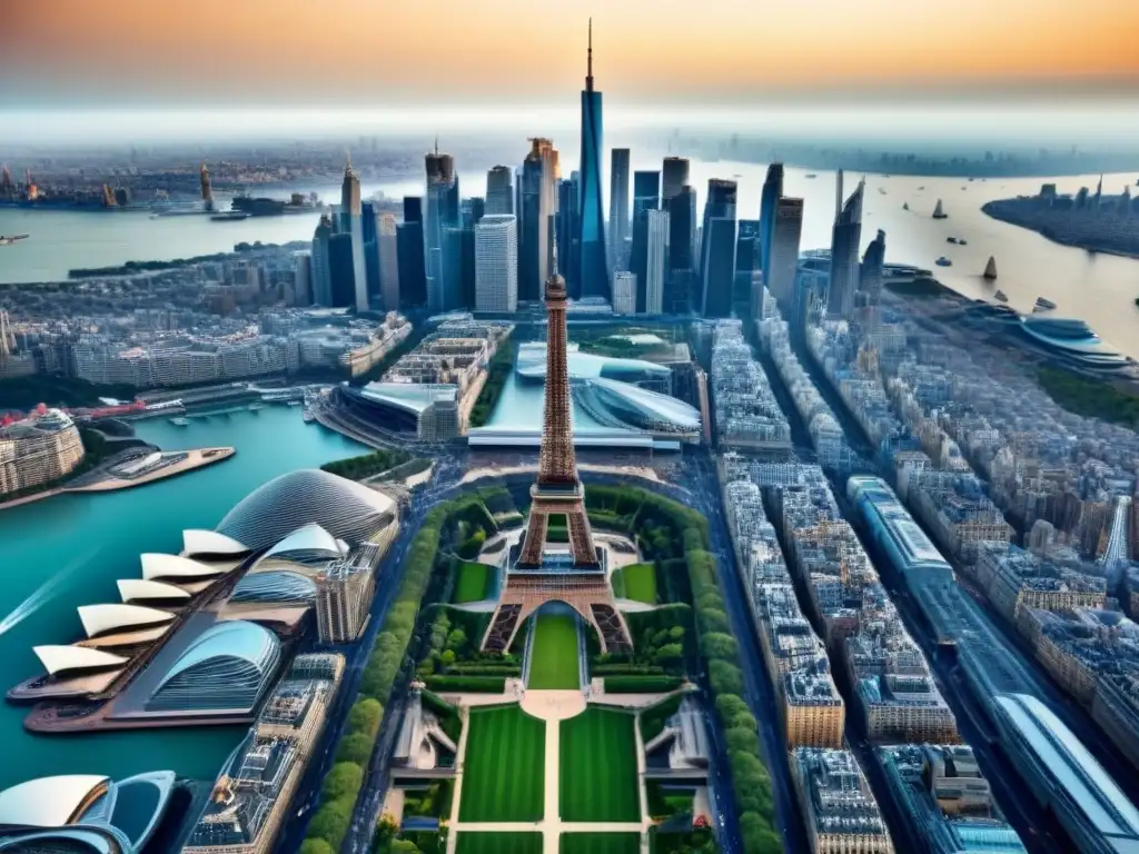 Iconos arquitectónicos: una vista aérea detallada de ciudades emblemáticas Una vista aérea detallada de emblemáticos edificios: Torre Eiffel, Ópera de Sídney, Burj Khalifa y Empire State