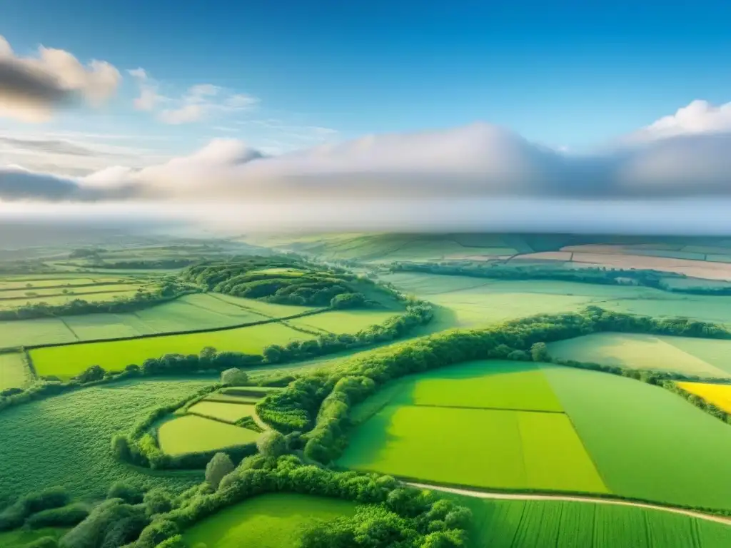 Venta de terrenos en campo verde: paisaje rural con río y pueblo Vista aérea detallada de un exuberante campo con colinas, terrenos en venta y río, bajo un cielo azul